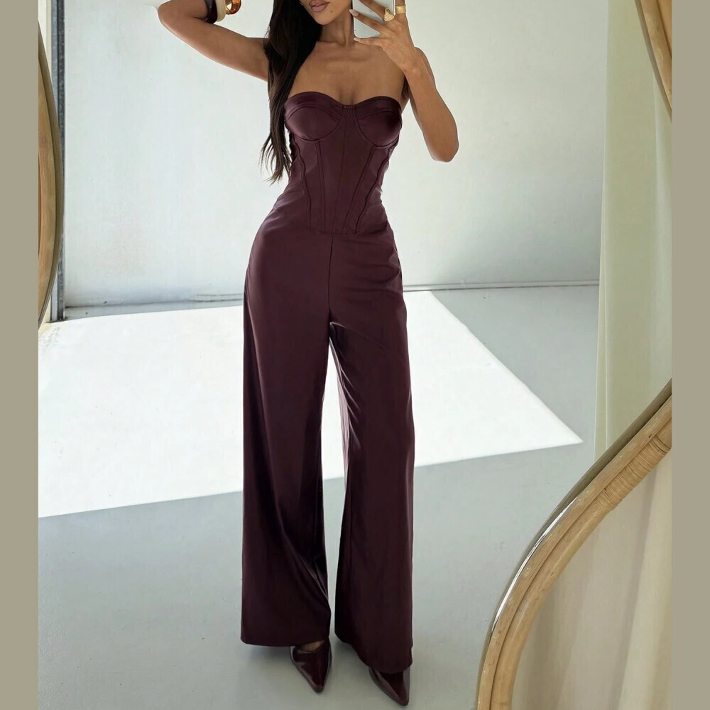 Burgundy Faux Leather Strapless Bustier Corset Wide Leg Jumpsuit